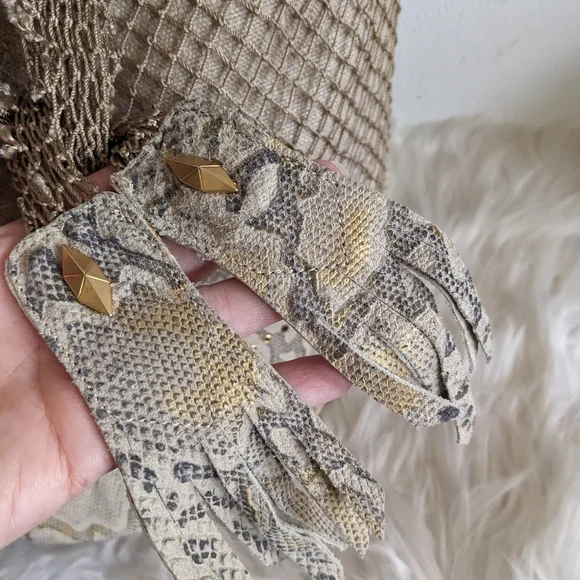 El Vaquero Beige Python Hobo Bucket Bag Purse Snakeskin Fishnet Linen - Picture 4 of 15